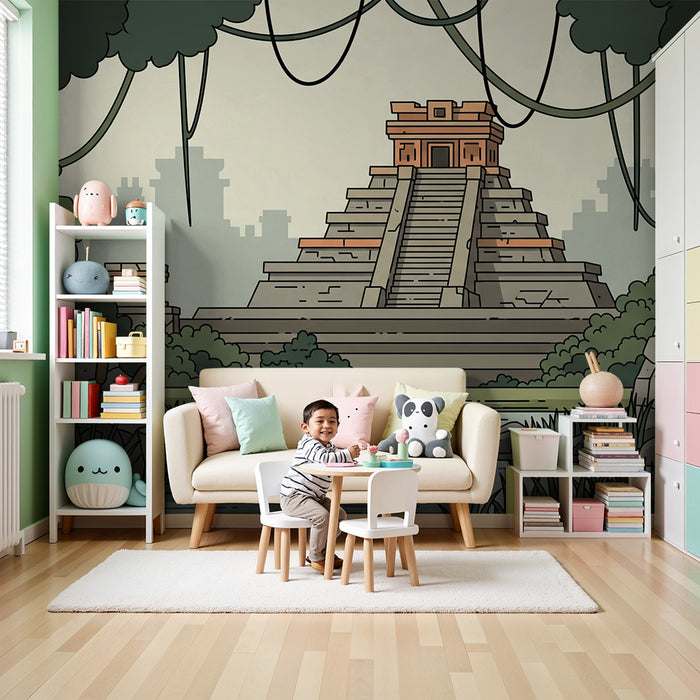 Papier peint chambre enfant | Aventure dans la jungle avec pyramide maya