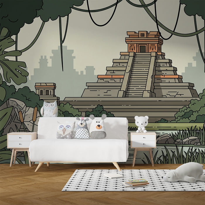 Papier peint chambre enfant | Aventure dans la jungle avec pyramide maya