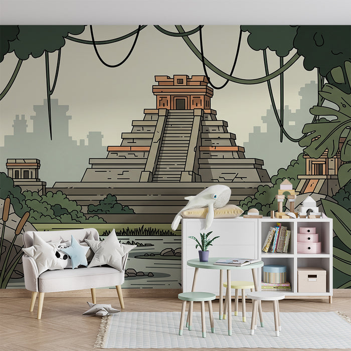 Papier peint chambre enfant | Aventure dans la jungle avec pyramide maya