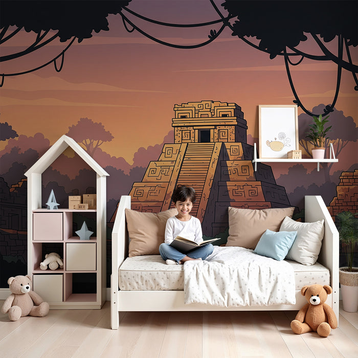 Papier peint chambre enfant | Aventure dans la jungle avec pyramide mystérieuse