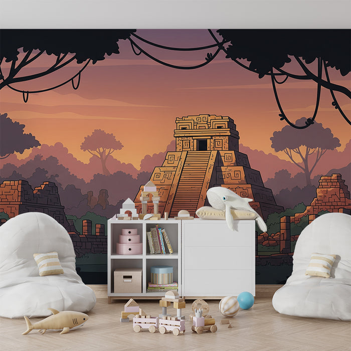 Papier peint chambre enfant | Aventure dans la jungle avec pyramide mystérieuse