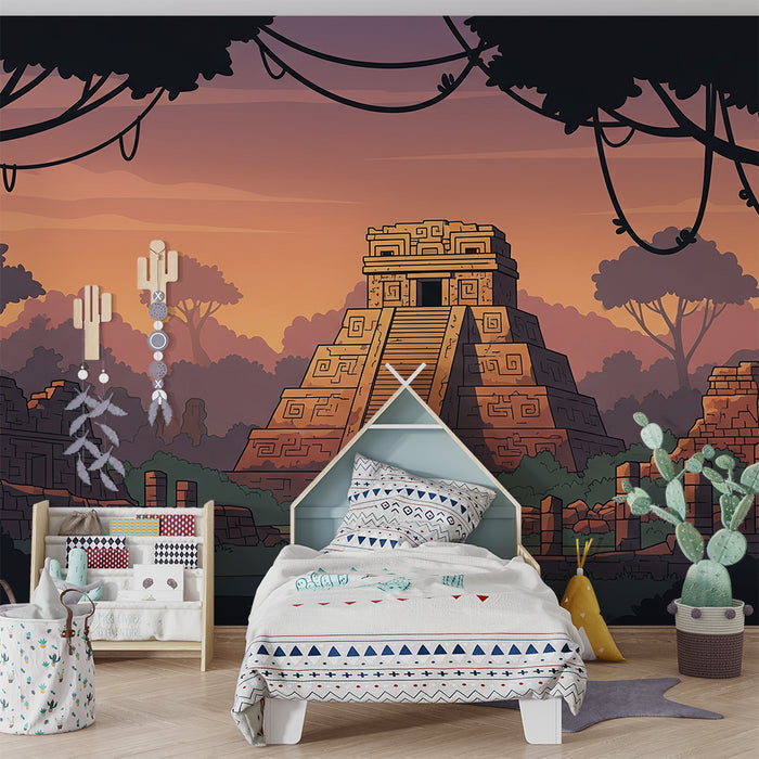 Papier peint chambre enfant | Aventure dans la jungle avec pyramide mystérieuse