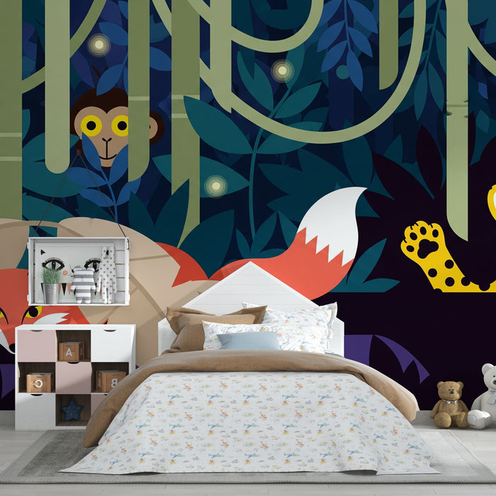 Papier peint chambre enfant | Aventure dans la jungle avec renard et léopard