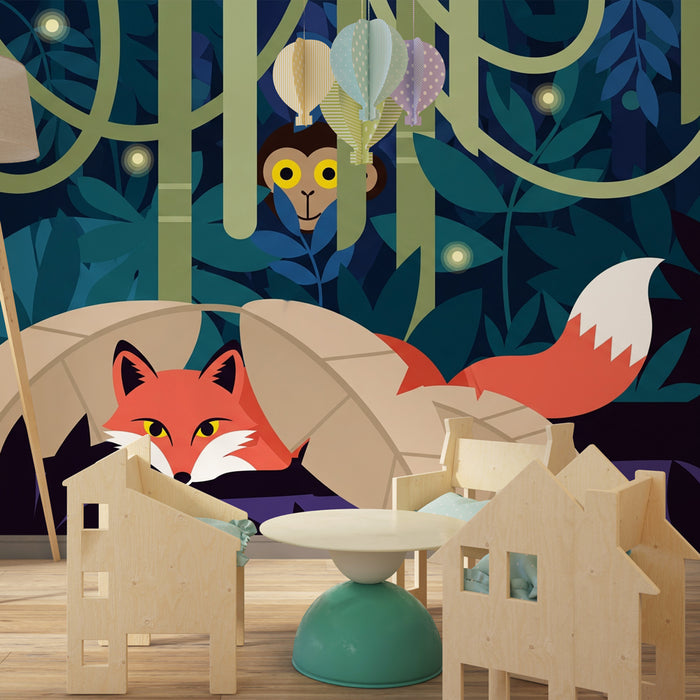 Papier peint chambre enfant | Aventure dans la jungle avec renard et léopard
