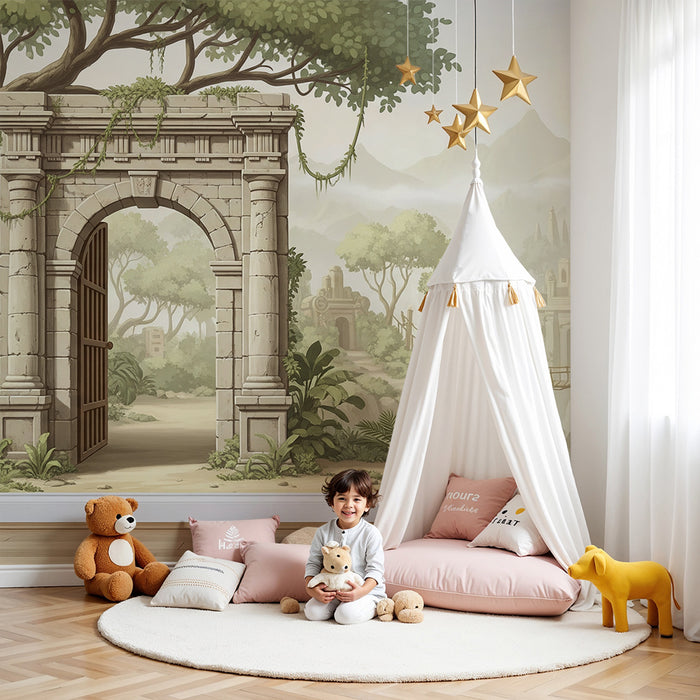 Papier peint chambre enfant | Aventure dans la jungle avec ruines mystérieuses