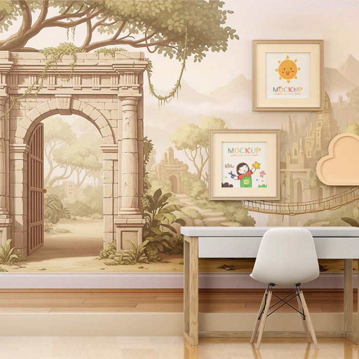 Papier peint chambre enfant | Aventure dans la jungle avec ruines mystérieuses