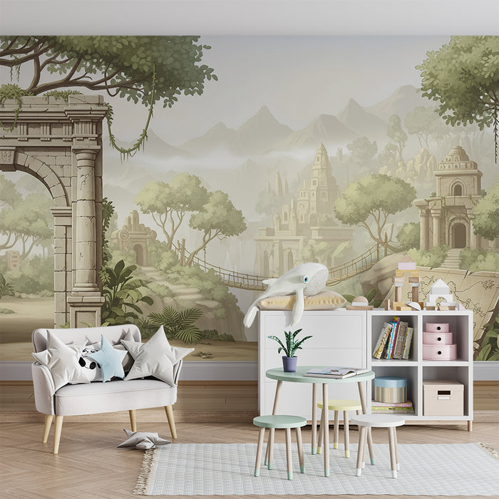 Papier peint chambre enfant | Aventure dans la jungle avec ruines mystérieuses
