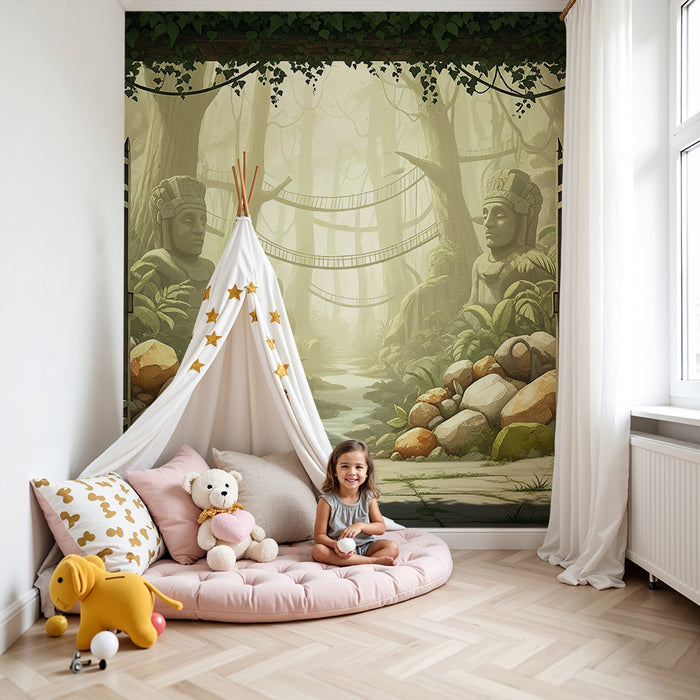 Carta da parati camera bambini | Avventura nella giungla con statue antiche e vegetazione rigogliosa