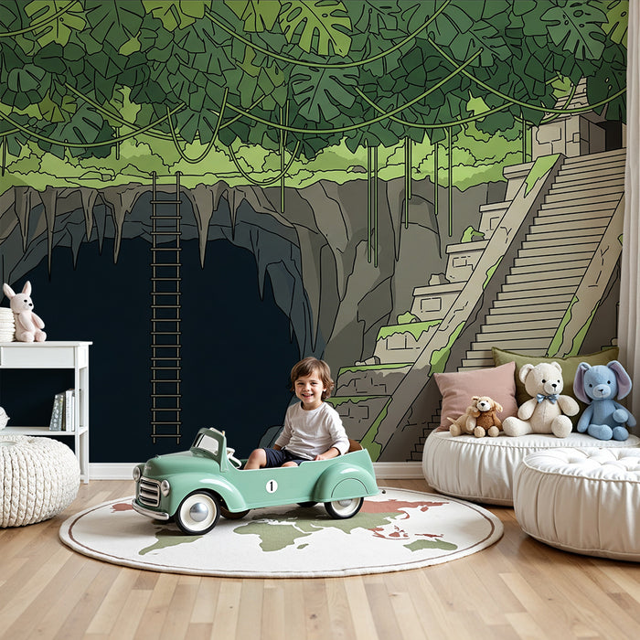 Kinderzimmer-Tapete | Dschungel-Abenteuer mit altem Tempel und üppiger Vegetation
