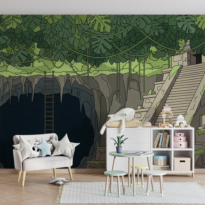 Kinderzimmer-Tapete | Dschungel-Abenteuer mit altem Tempel und üppiger Vegetation