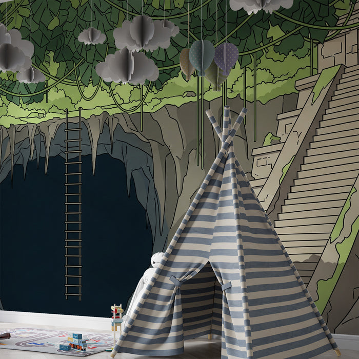 Kinderzimmer-Tapete | Dschungel-Abenteuer mit altem Tempel und üppiger Vegetation