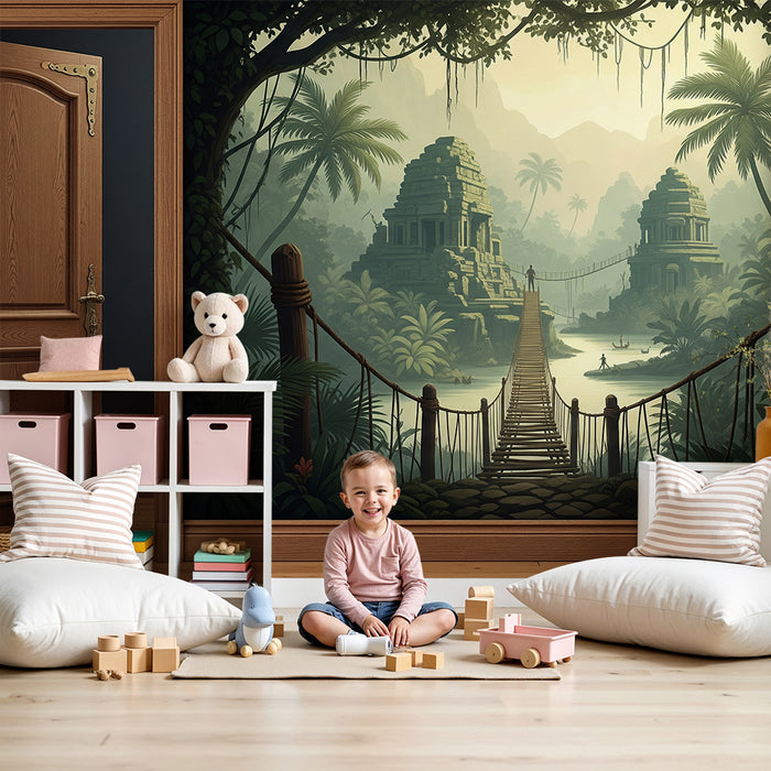 Papier peint chambre enfant | Aventure dans la jungle avec temples anciens et pont suspendu