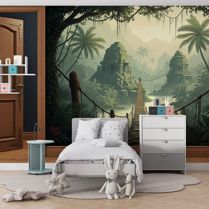 Papier peint chambre enfant | Aventure dans la jungle avec temples anciens et pont suspendu