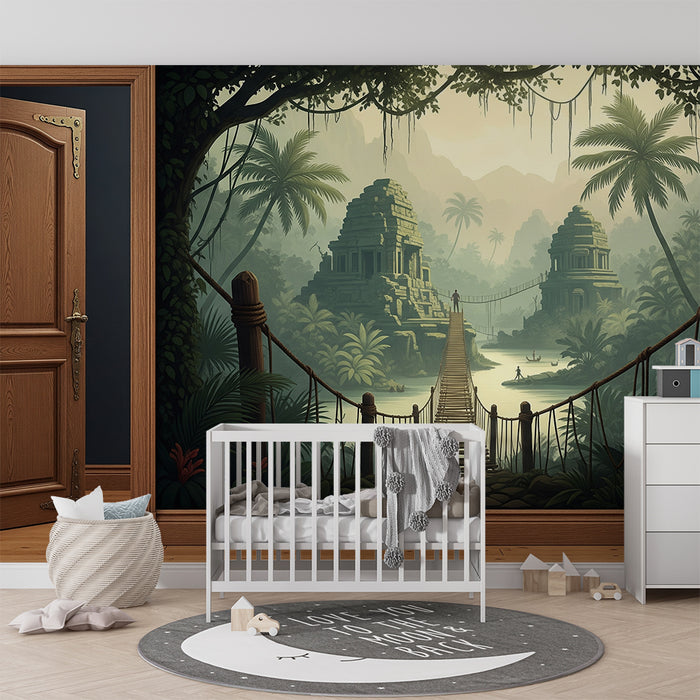 Papier peint chambre enfant | Aventure dans la jungle avec temples anciens et pont suspendu
