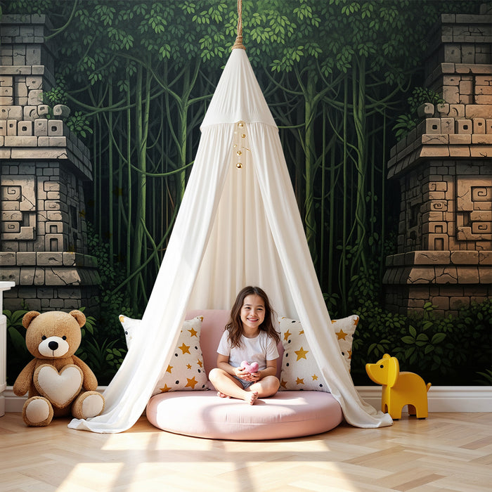 Papel pintado infantil | Aventura en la selva con templos aztecas