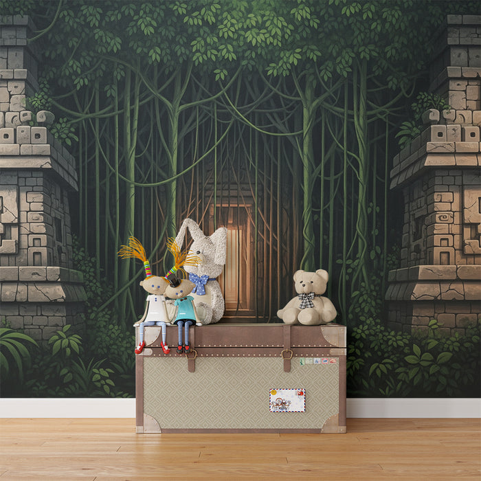 Papel pintado infantil | Aventura en la selva con templos aztecas