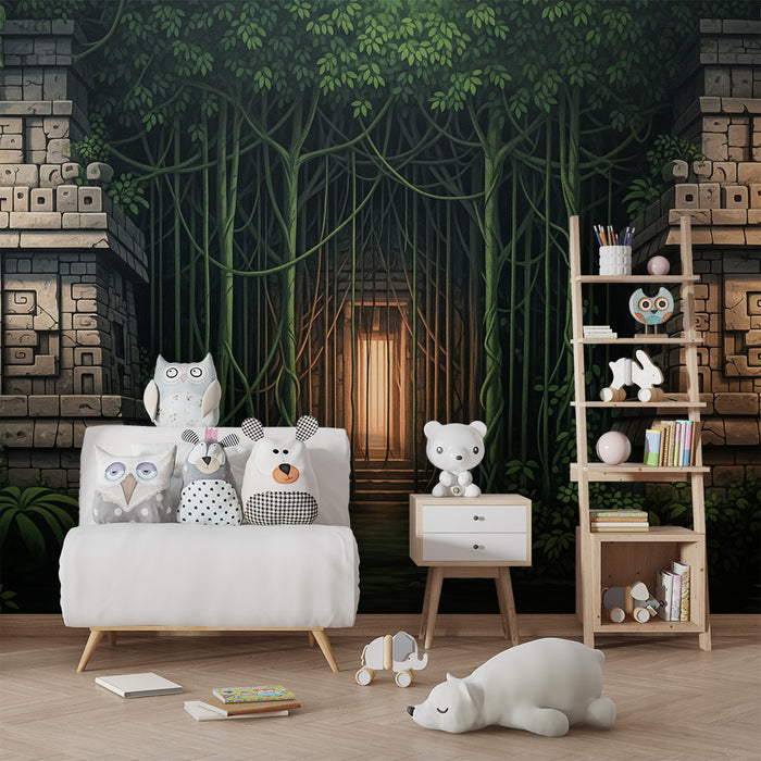 Papel pintado infantil | Aventura en la selva con templos aztecas