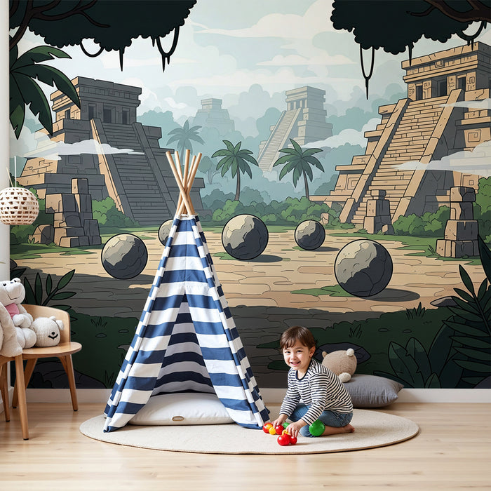 Papier peint chambre enfant | Aventure dans la jungle avec temples incas