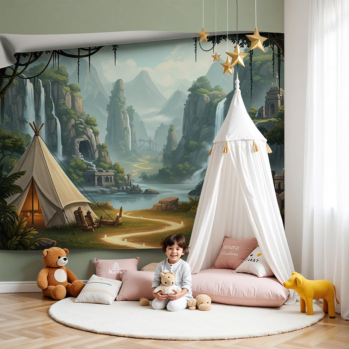 Papier peint chambre enfant | Aventure dans la jungle avec tente et cascades
