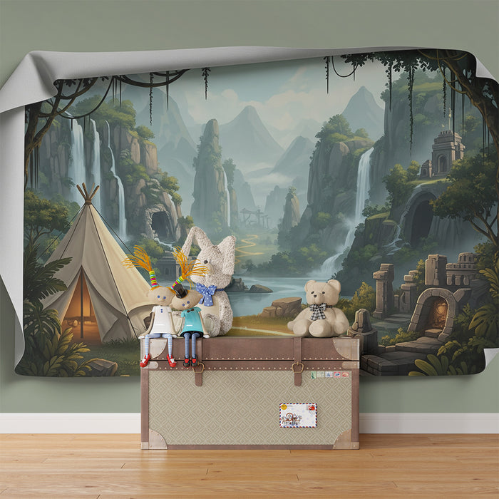 Papier peint chambre enfant | Aventure dans la jungle avec tente et cascades