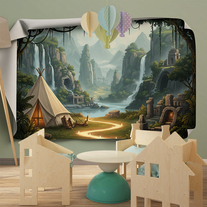 Papier peint chambre enfant | Aventure dans la jungle avec tente et cascades