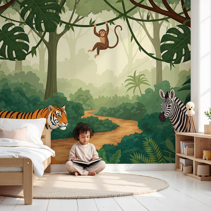 Papier peint chambre enfant | Aventure dans la jungle avec tigre, singe et zèbre