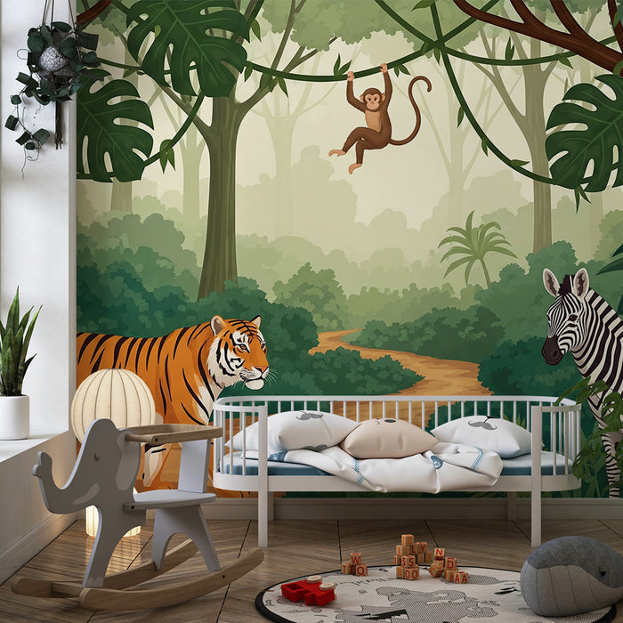 Papier peint chambre enfant | Aventure dans la jungle avec tigre, singe et zèbre