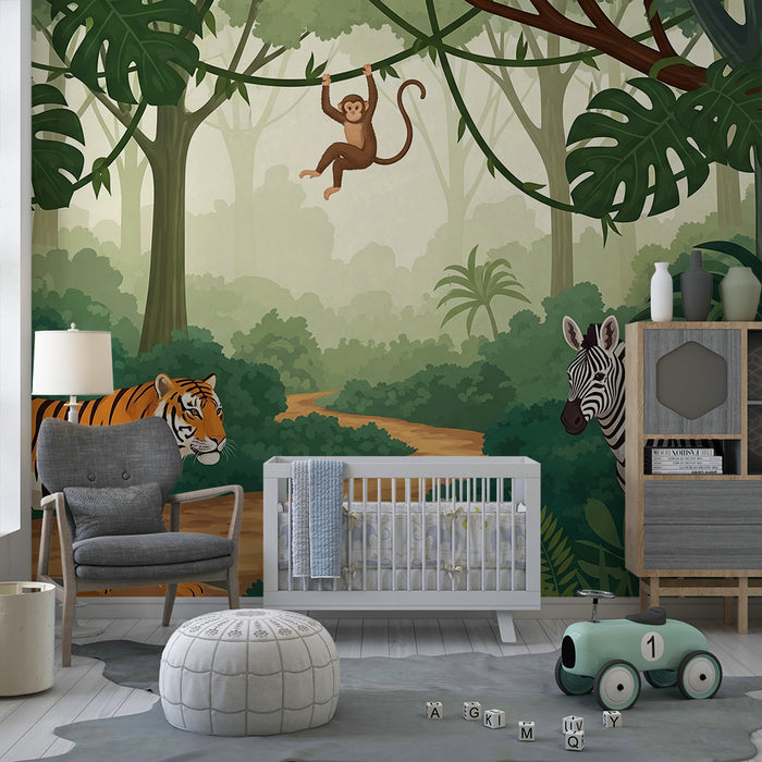 Papier peint chambre enfant | Aventure dans la jungle avec tigre, singe et zèbre