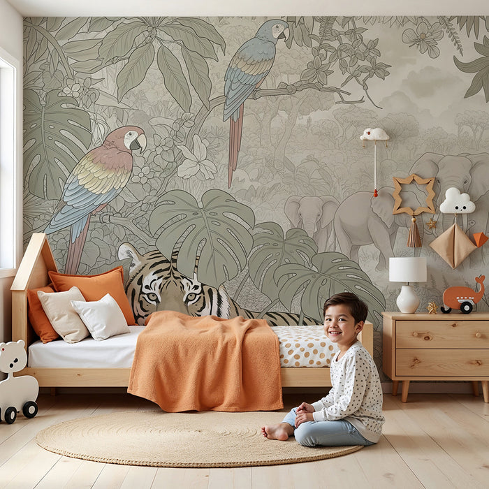 Kinderzimmer Tapete | Abenteuer im Dschungel mit Tigern und Elefanten