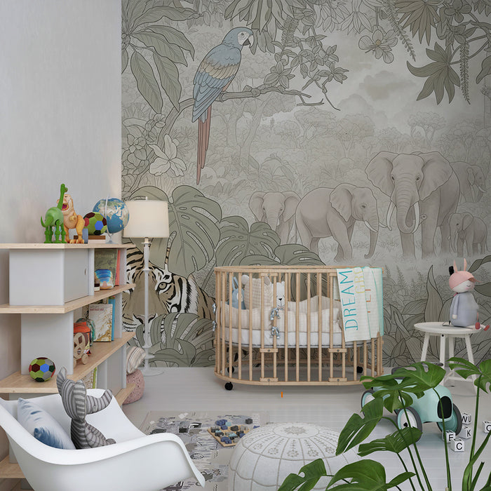 Kinderzimmer Tapete | Abenteuer im Dschungel mit Tigern und Elefanten