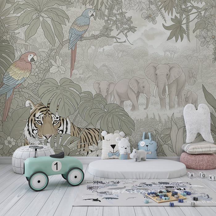 Kinderzimmer Tapete | Abenteuer im Dschungel mit Tigern und Elefanten