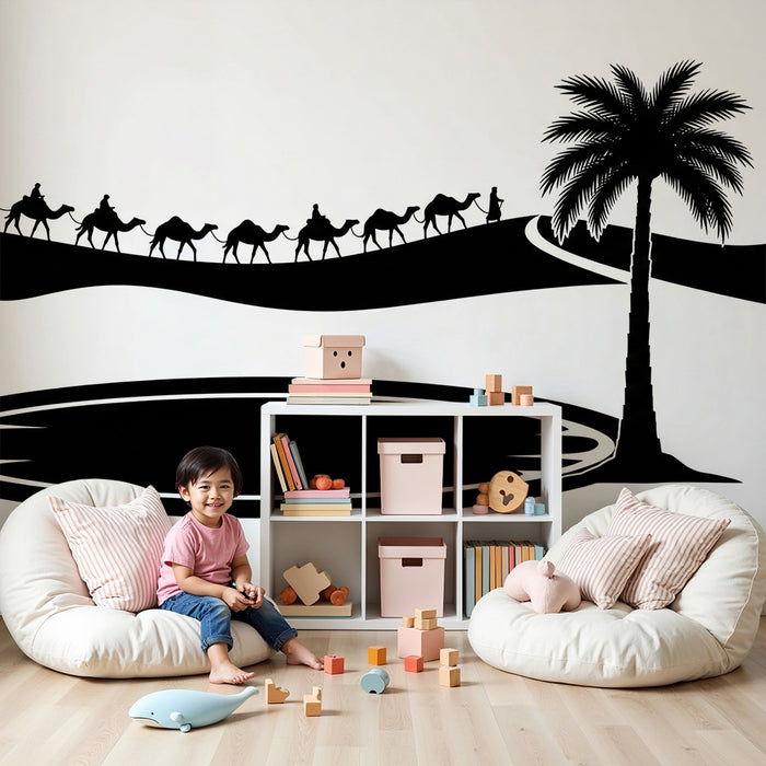 Kinderzimmer Tapete | Abenteuer in der Wüste mit Kamelen und Palmen