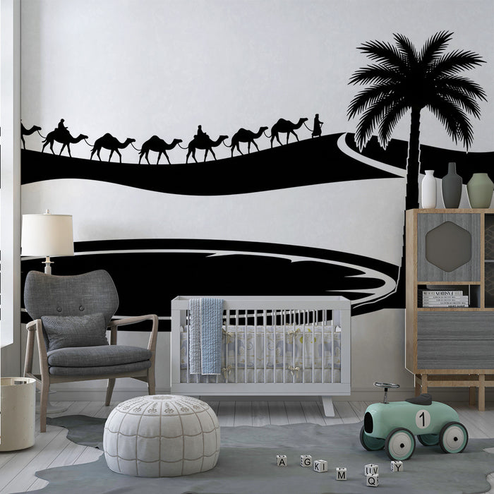 Kinderzimmer Tapete | Abenteuer in der Wüste mit Kamelen und Palmen
