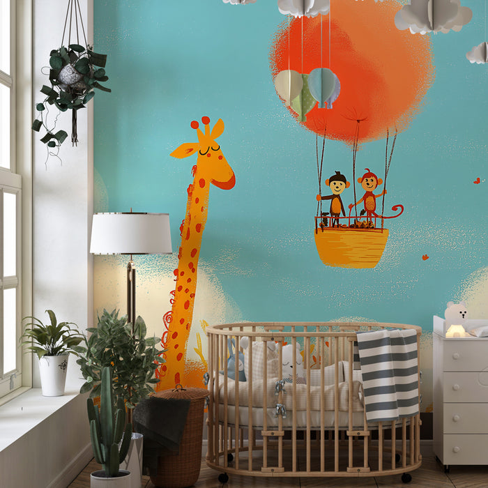 Papier peint chambre enfant | Aventure dans les cieux avec la girafe et les singes