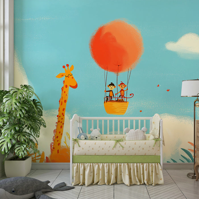 Papier peint chambre enfant | Aventure dans les cieux avec la girafe et les singes