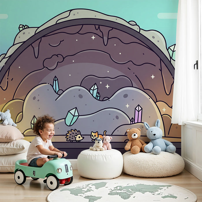 Papier peint chambre enfant | Aventure dans une grotte magique avec hérisson et chat