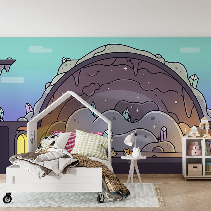 Papier peint chambre enfant | Aventure dans une grotte magique avec hérisson et chat