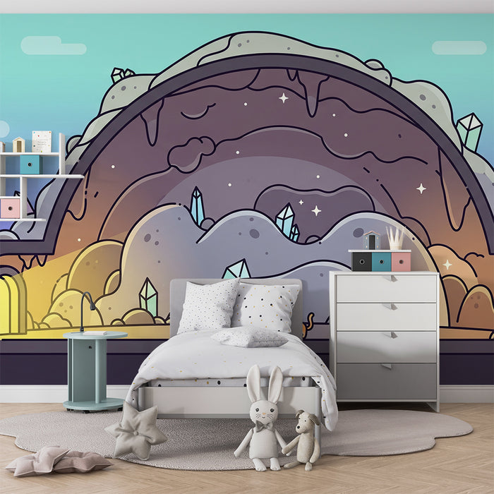 Papier peint chambre enfant | Aventure dans une grotte magique avec hérisson et chat