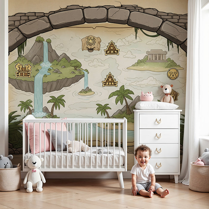 Papier peint chambre enfant | Aventure dans une île mystérieuse avec cascades et trésors