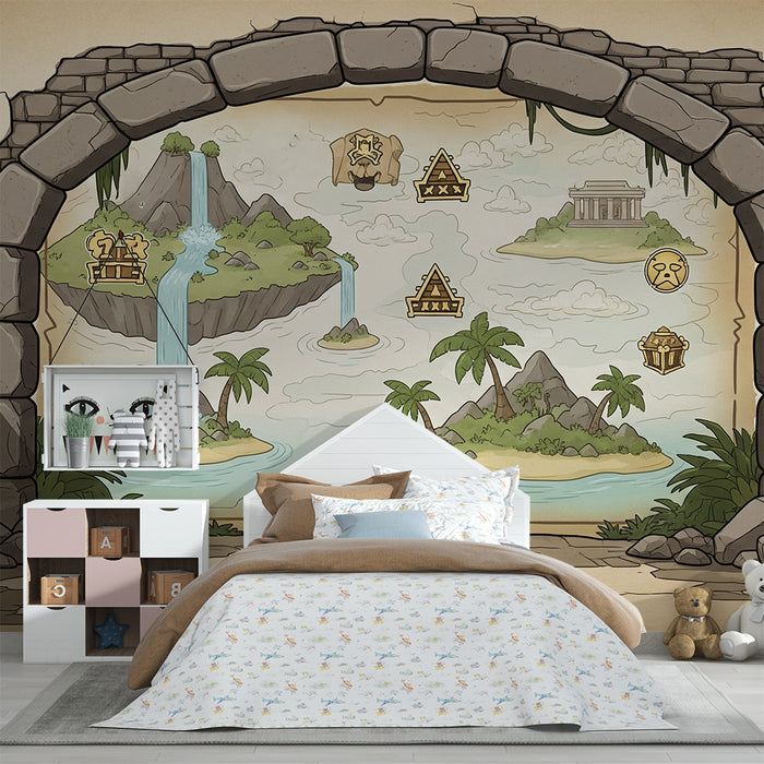 Papier peint chambre enfant | Aventure dans une île mystérieuse avec cascades et trésors