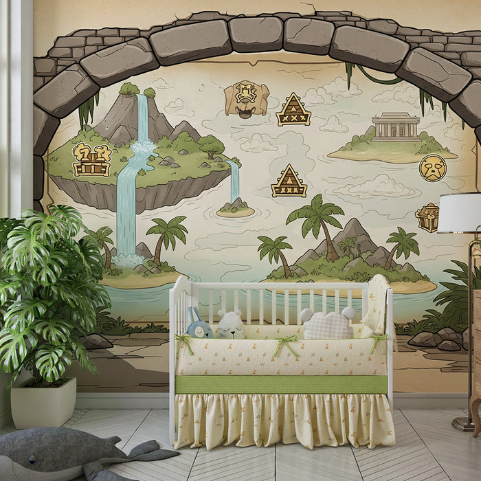 Papier peint chambre enfant | Aventure dans une île mystérieuse avec cascades et trésors