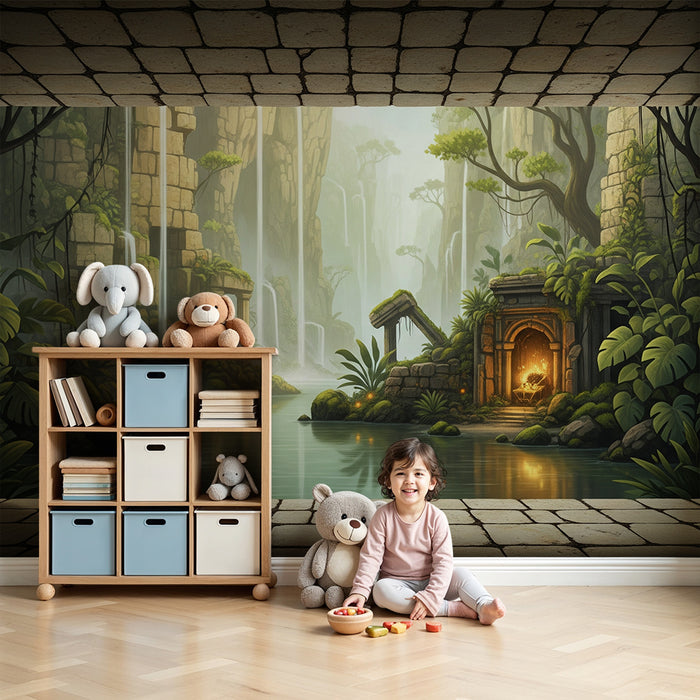 Behang voor de kinderkamer | Avontuur in een mysterieuze jungle met watervallen en oude ruïnes