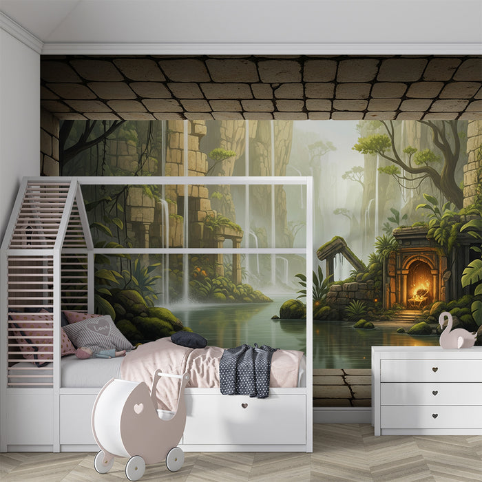 Behang voor de kinderkamer | Avontuur in een mysterieuze jungle met watervallen en oude ruïnes