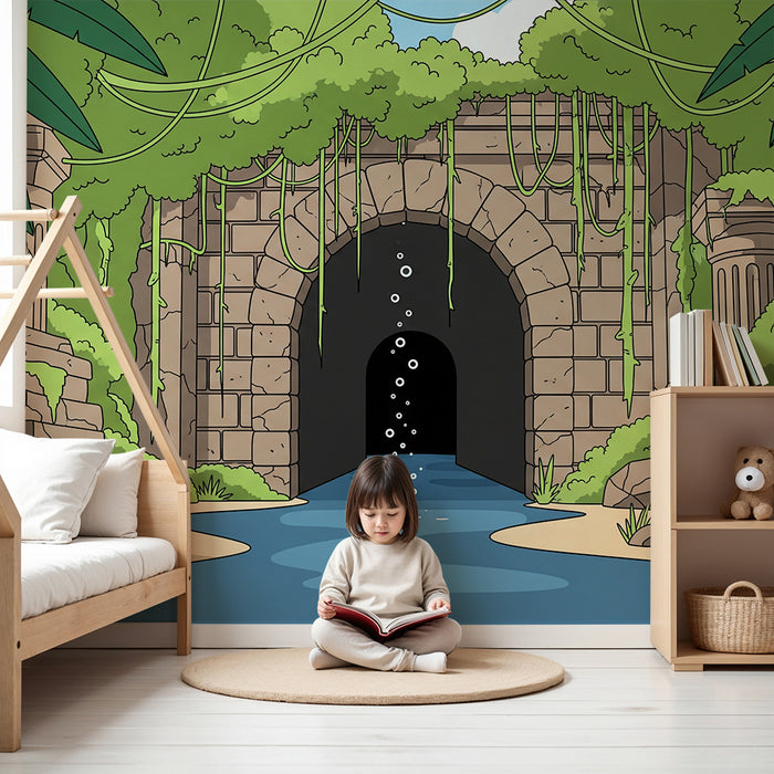 Kinderzimmer Tapete | Abenteuer im geheimnisvollen Dschungel mit alten Ruinen