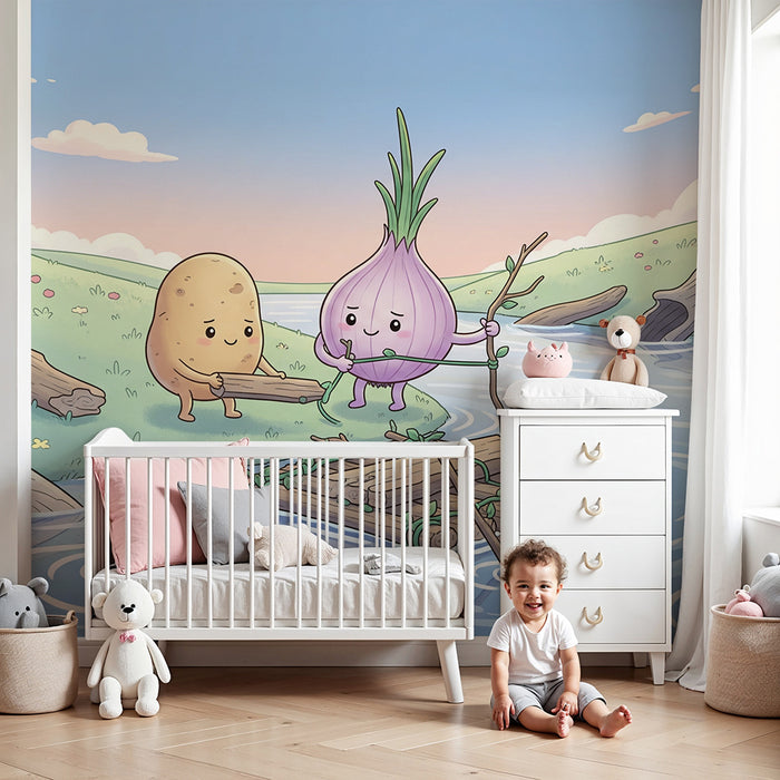 Kids' Room Wallpaper | Vegetable Adventure on a Peaceful River