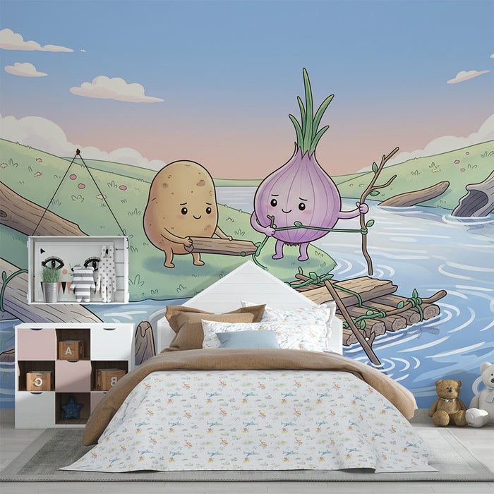 Kids' Room Wallpaper | Vegetable Adventure on a Peaceful River