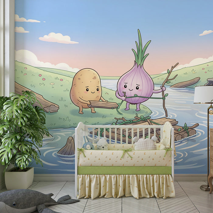 Kids' Room Wallpaper | Vegetable Adventure on a Peaceful River