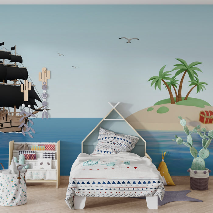 Kids room wallpaper | Pirate adventure with boat and treasure island