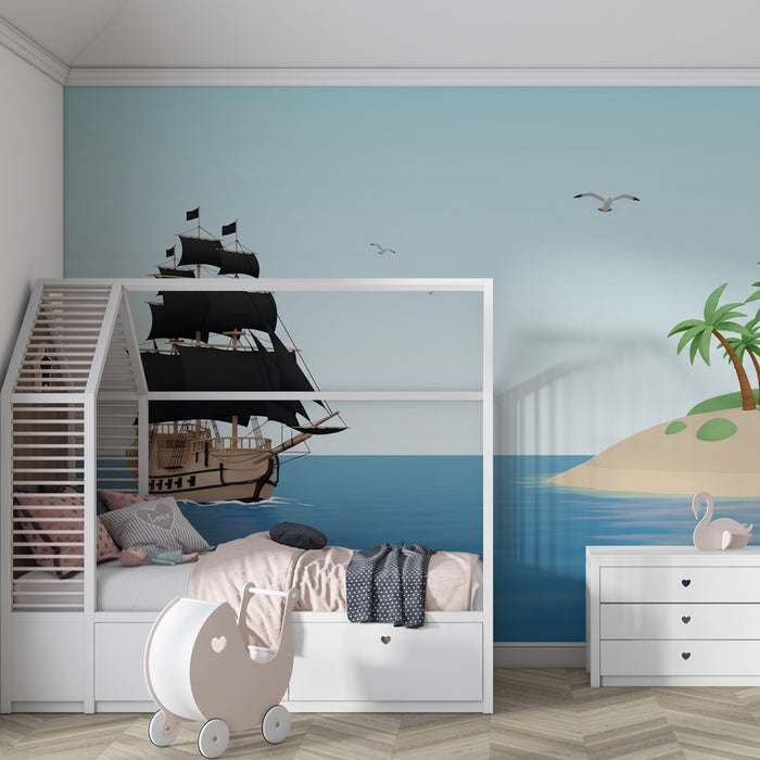 Kids room wallpaper | Pirate adventure with boat and treasure island