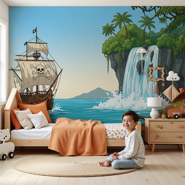 Papier peint chambre enfant | Aventure de pirate avec bateau et trésor caché